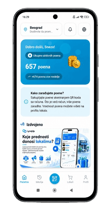 LynqUp mobilna aplikacija sa prikazom poena i skeniranjem računa